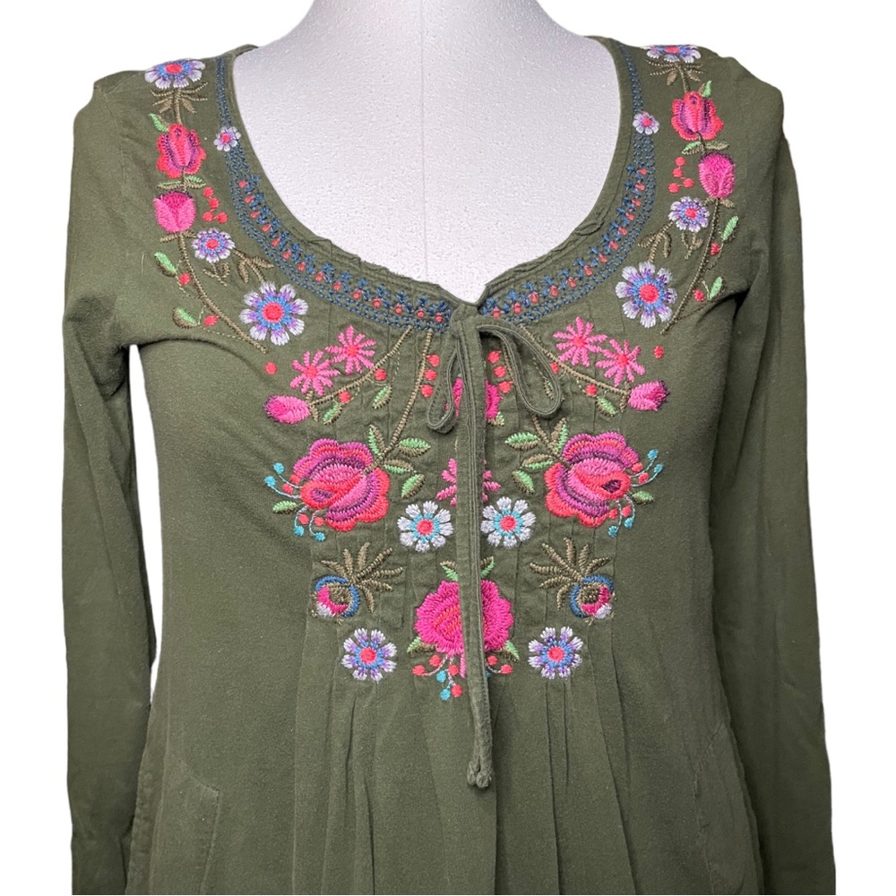 Johnny Was LA Embroidered Long Sleeve Olive Embroidered Dress - Picture 2 of 10